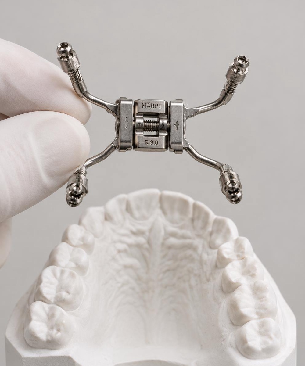 Tiger Screw MARPE — Planet Ortho International Titanium MARPE expander above a white dental model